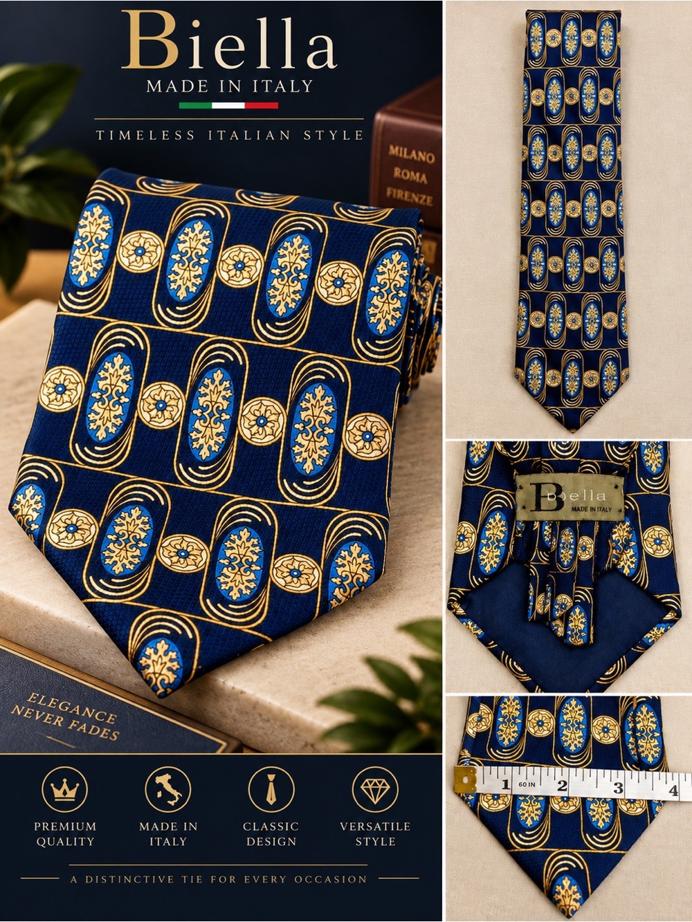 Biella Made in Italy Necktie Navy Blue Gold Medallion Italian Silk Designer